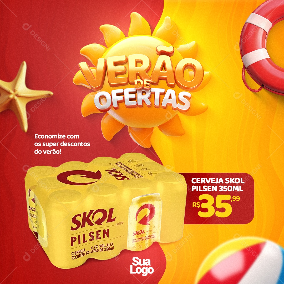 Verão De Ofertas Distribuidora de Bebidas Cerveja Skol Pilsen Economize Social Media PSD Editável