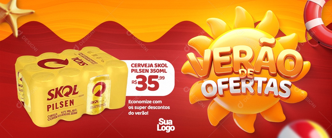 Banner Verão De Ofertas Distribuidora de Bebidas Cerveja Skol Pilsen Economize Social Media PSD Editável