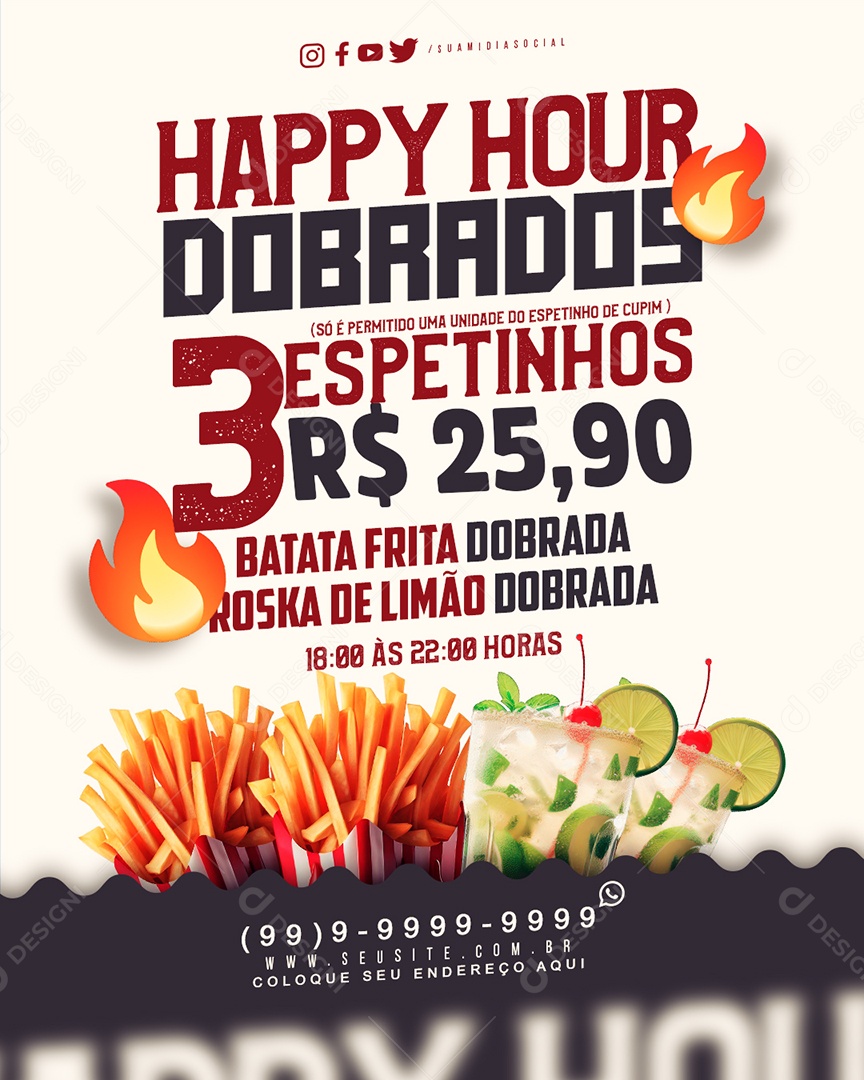 Bar Happy Hour Dobrados 3 Espetinhos 25,90 Batata Frita Dobrada Roska de Limão Social Media PSD Editável