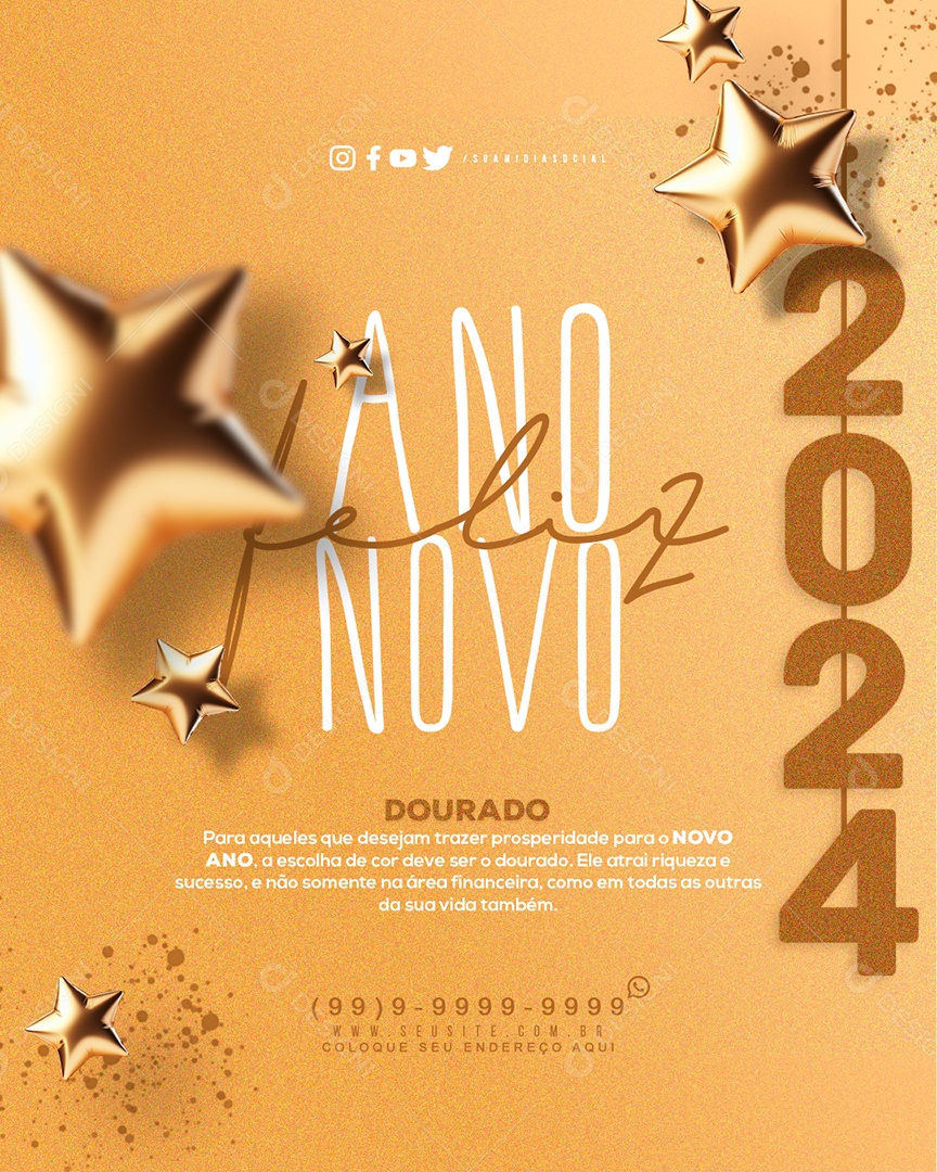Feliz Ano Novo 2024 Dourado para Aqueles que Desejam Trazer Prosperidade Social Media PSD Editável