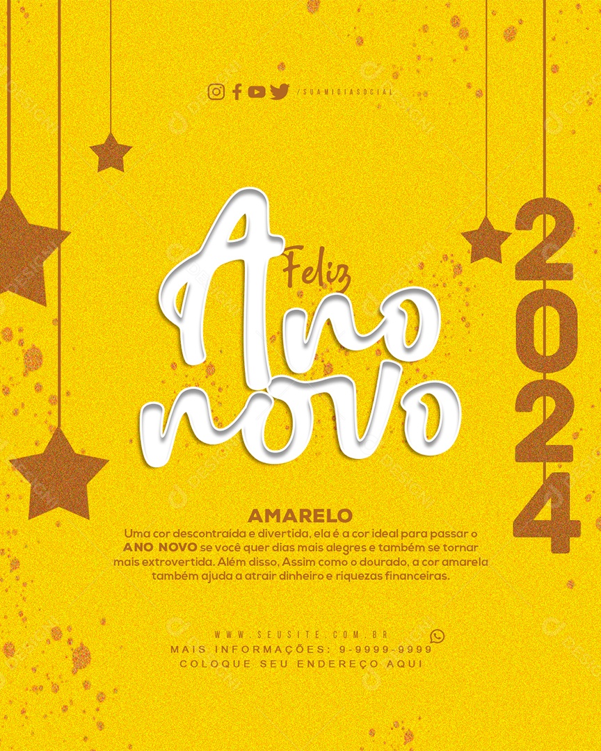 Feliz Ano Novo 2024 Amarelo uma Cor Descontraída e Divertida Social Media PSD Editável