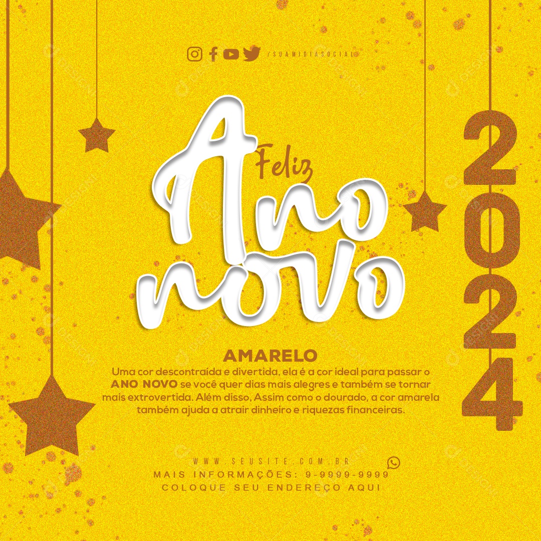 Feed Feliz Ano Novo 2024 Amarelo uma Cor Descontraída e Divertida Social Media PSD Editável