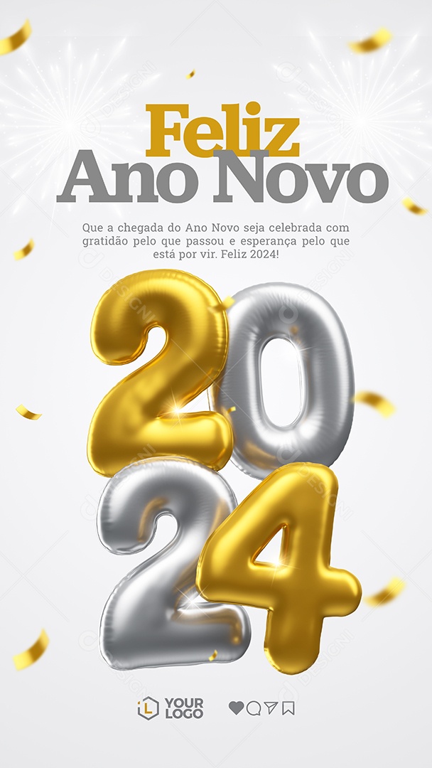 Story Feliz Ano Novo 2024 Celebrada Com Gratidão Social Media PSD Editável