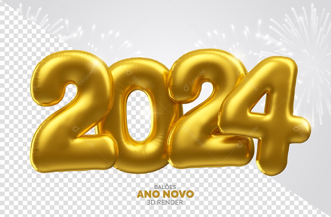 Número 3D Dourado Balão 2024 Para Composição PSD