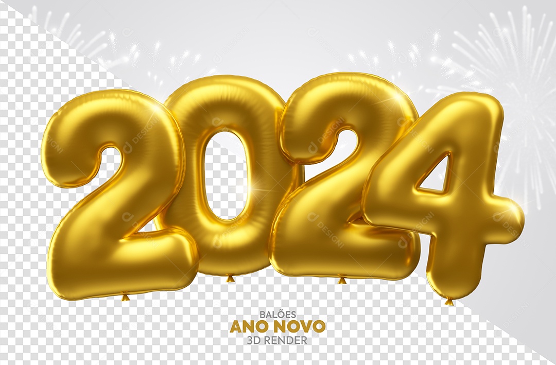 Número 3D Dourado Balão 2024 Para Cpmposição PSD