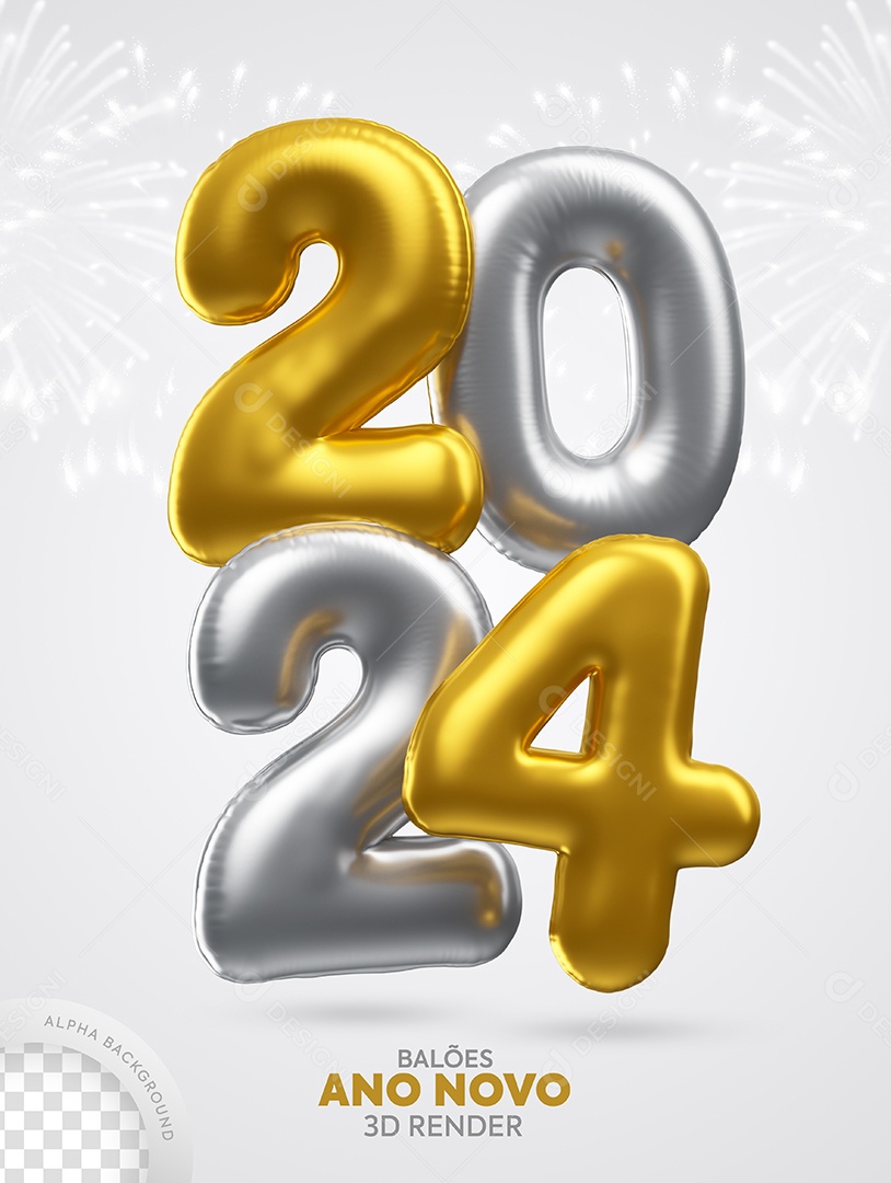 Número 3D Balão Prata e Dourado 2024 Para Composição PSD