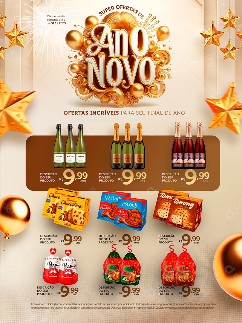 Encarte Super Ofertas Ano Novo Supermercado Champagne Panettone e Peru Social Media PSD Editável