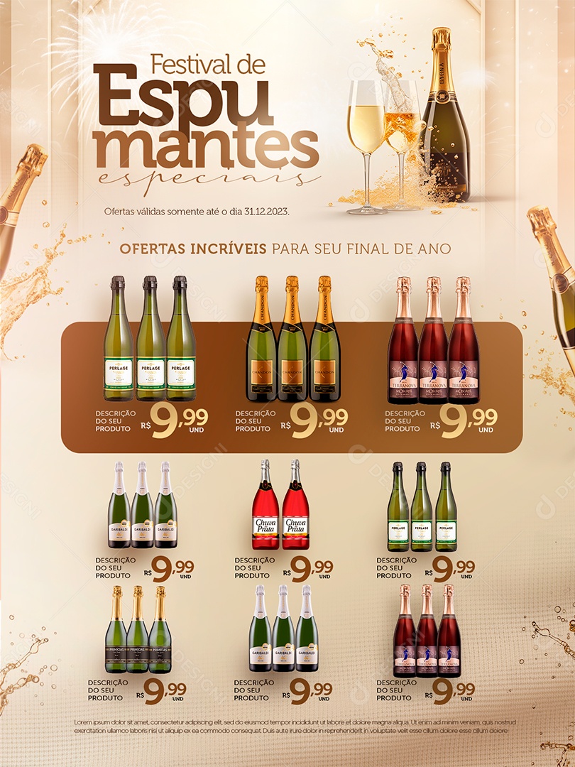 Encarte Ano Novo Supermercado Festival de Espumante Especiais Champagne Social Media PSD Editável