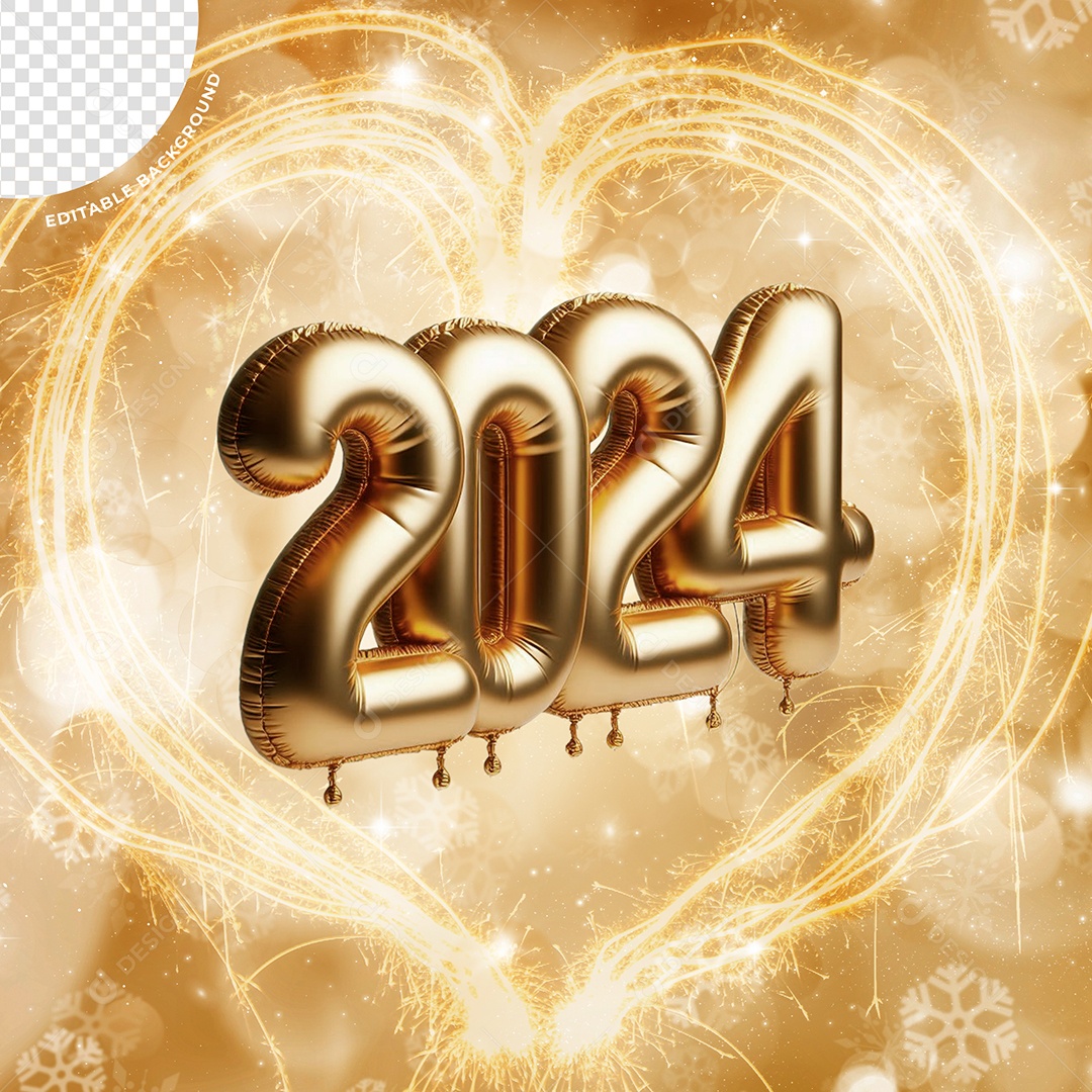 Número 3D 2024 Balão Dourado Para Composição PSD