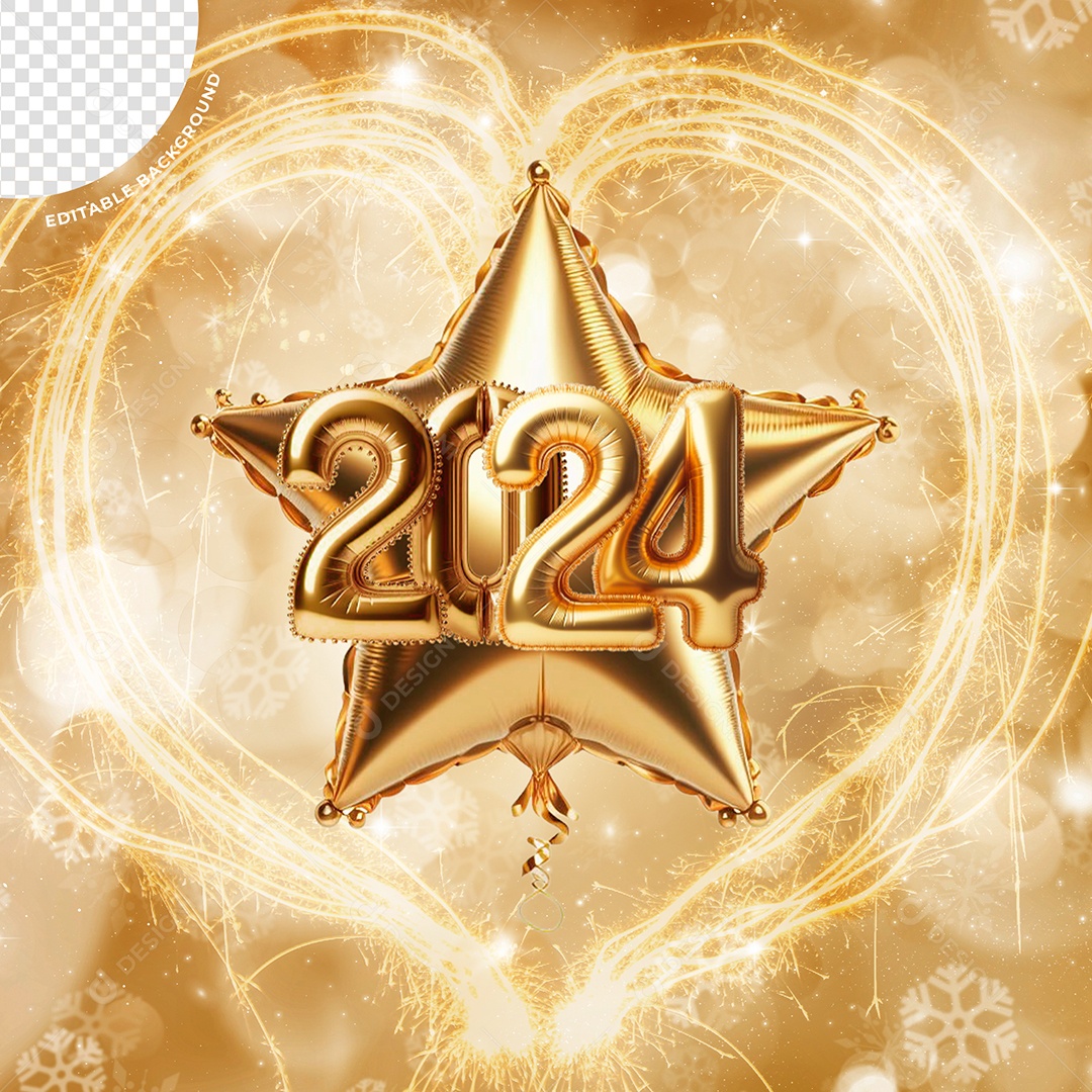 Elemento 3D Balão 2024 Dourado Para Composição PSD