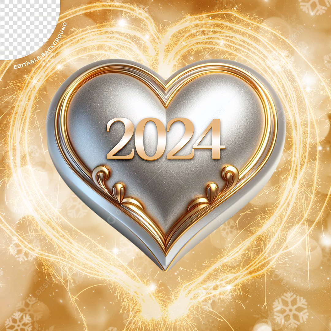 Elemento 3D Coração Branco e Dourado 2024 Para Composição PSD