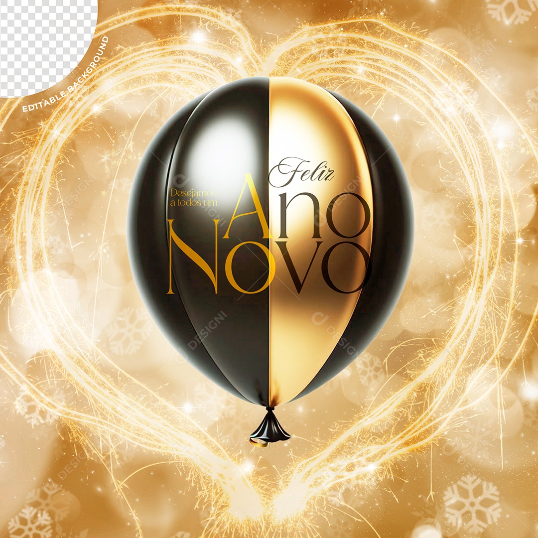Elemento 3D Balão Preto e Dourado Feliz Ano Novo Para Composição PSD
