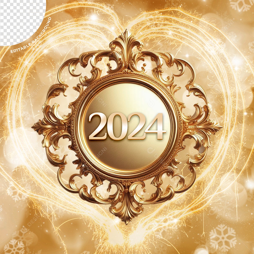 Elemento 3D Ilustre 2024 Dourado Para Composição PSD