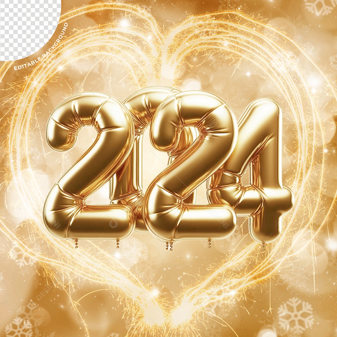 Número 3D Balão Dourado 2024 Para Composição PSD