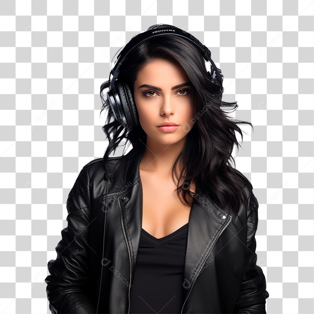 Mulher de Jaqueta Preta e Fone de Ouvido PNG Transparente