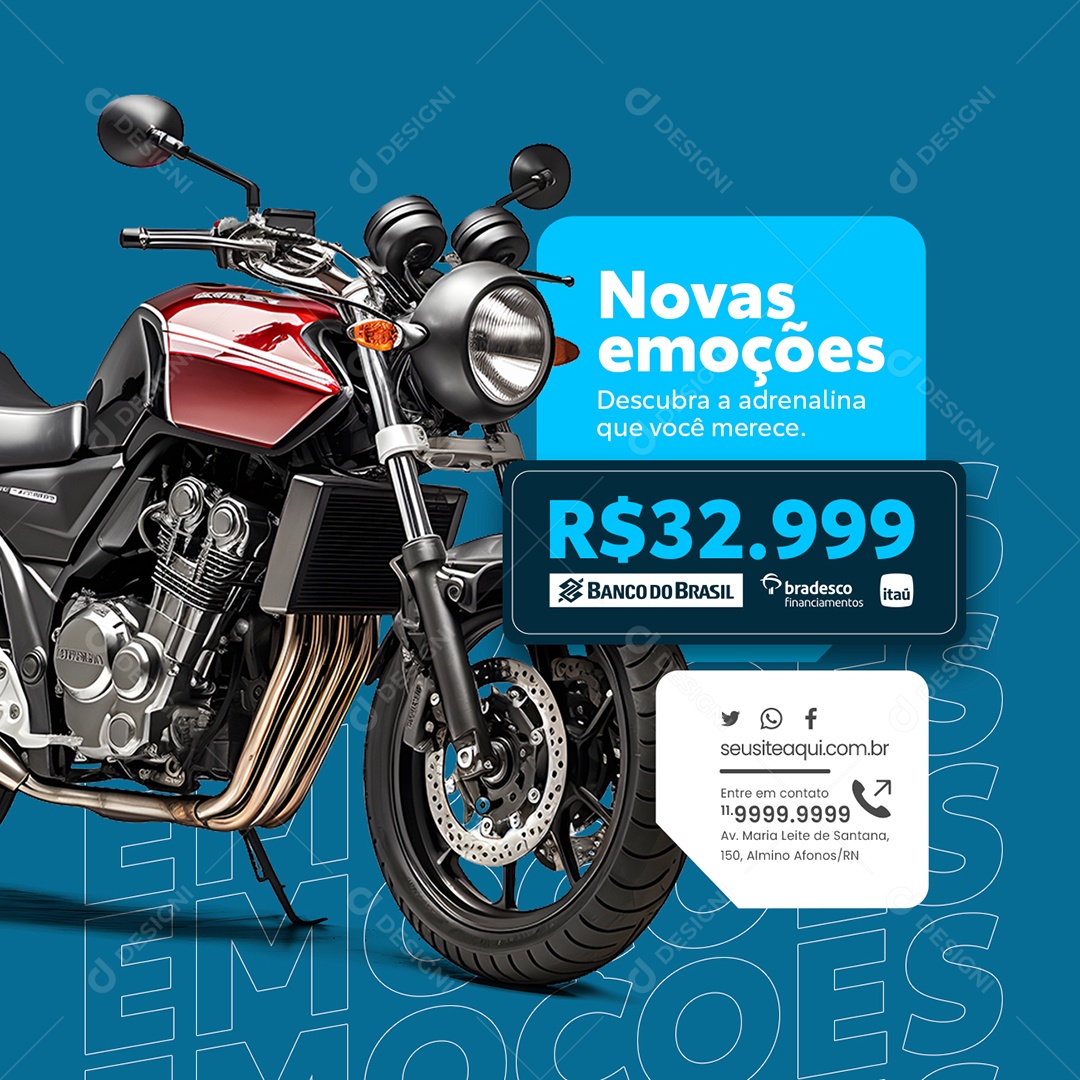 Concessionária Loja de Motos Novas Emoções Descubra a Adrenalina que Você Merece Social Media PSD Editável