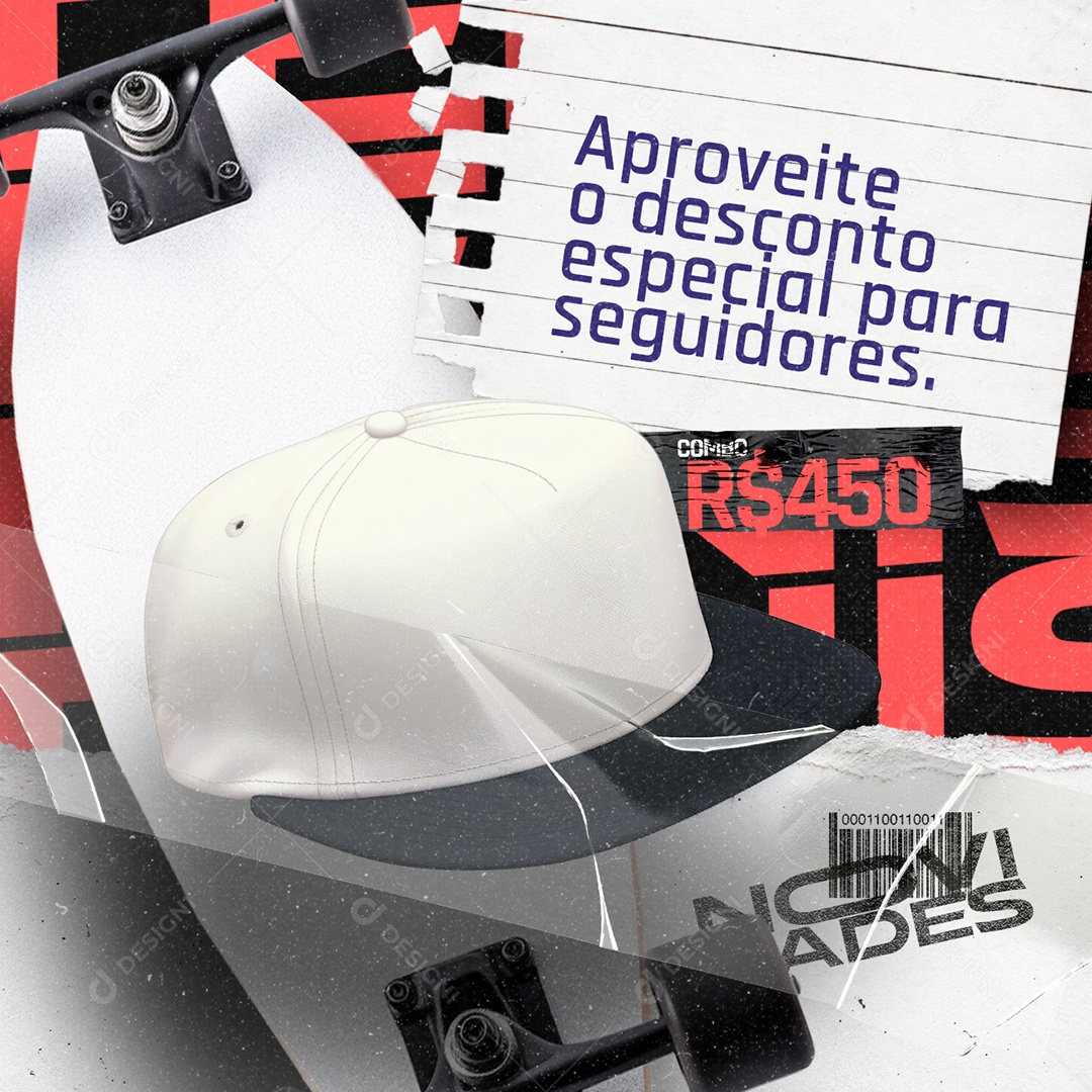 Loja de Acessórios de Skate Combo Boné Abarreta e Skate Aproveite o Desconto Especial Social Media PSD Editável
