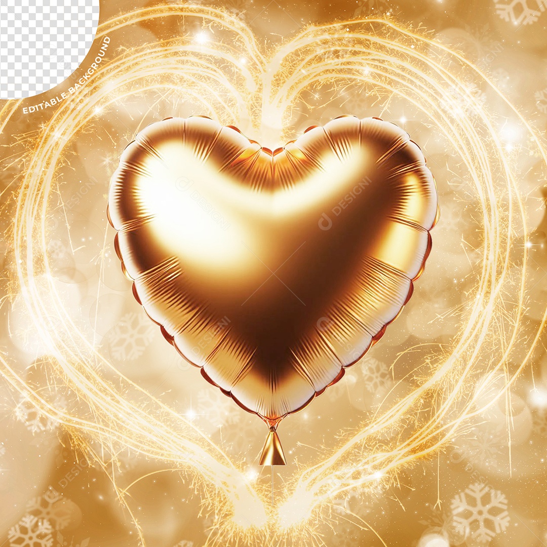 Balão de Coração Elemento 3D Dourado para Composição PSD