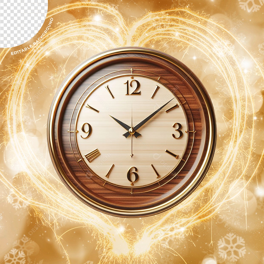 Relógio de ano novo Elemento 3D Dourado para Composição PSD