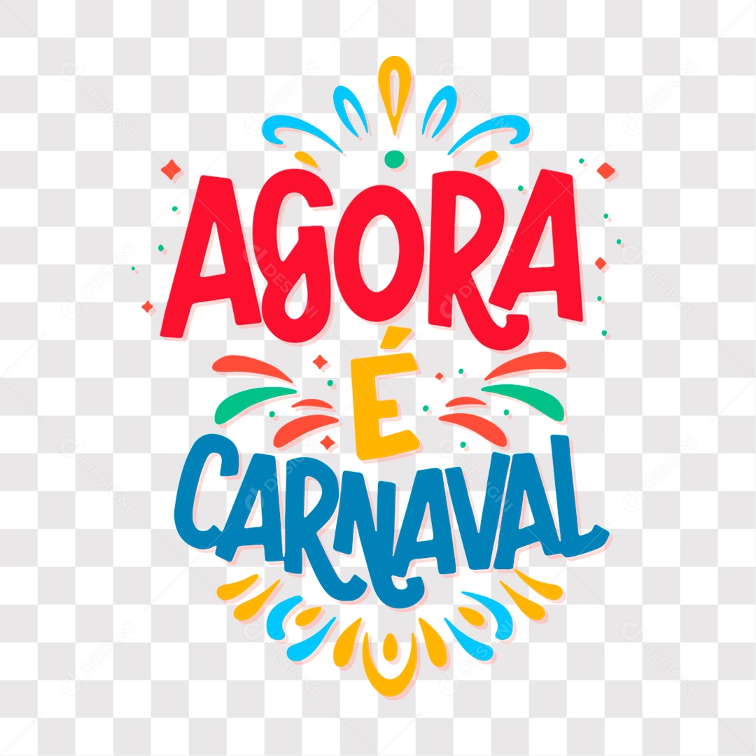 Lettering Agora É Carnaval Texto Azul Vermelho e Amarelo EPS + PNG
