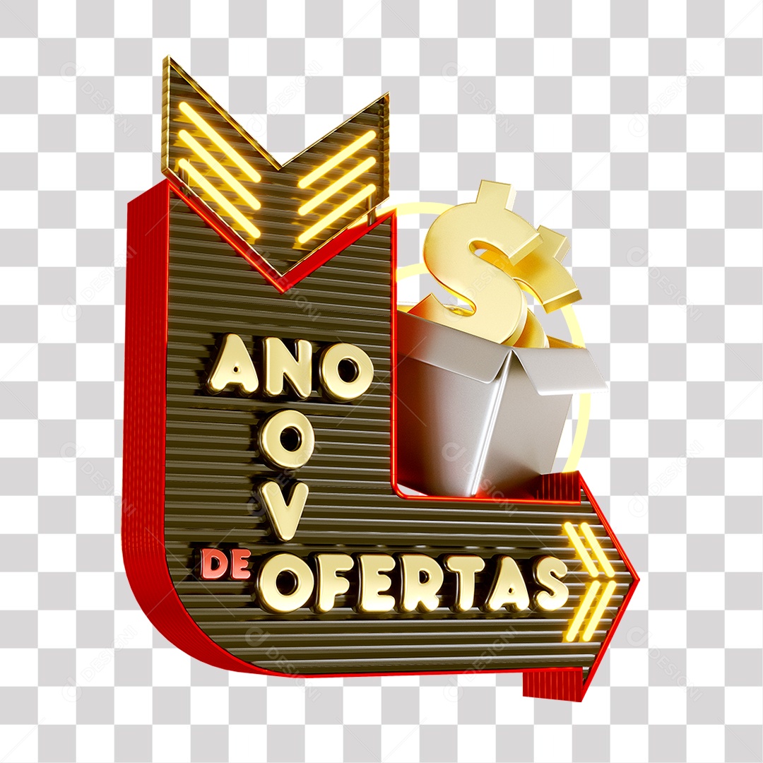Ano Novo de Ofertas Selo 3D Dourado e Vermelho para Composição PNG Transparente Sem Fundo