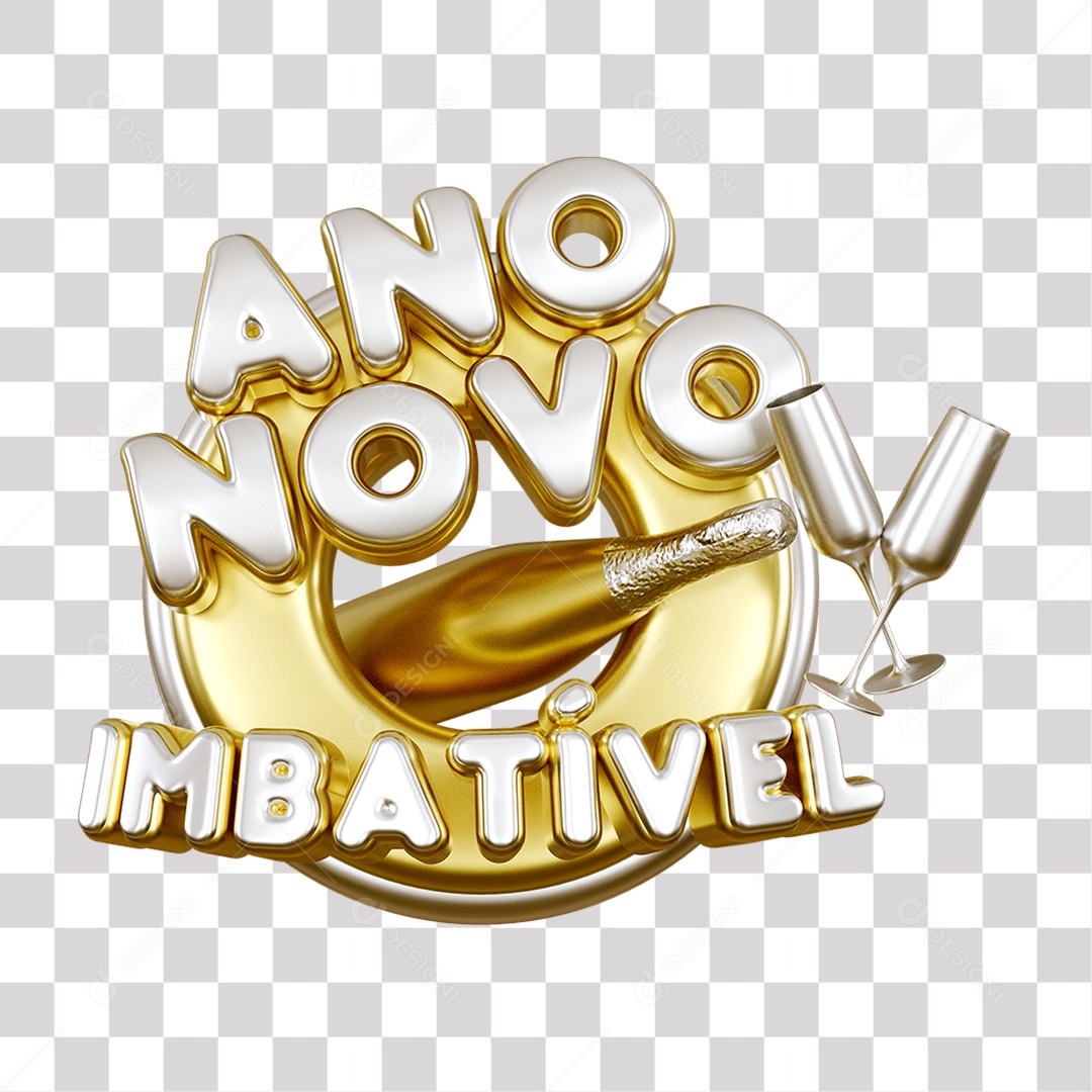 Selo 3D Ano Novo Imbatível Cinza e Dourado para Composição PNG Transparente Sem Fundo