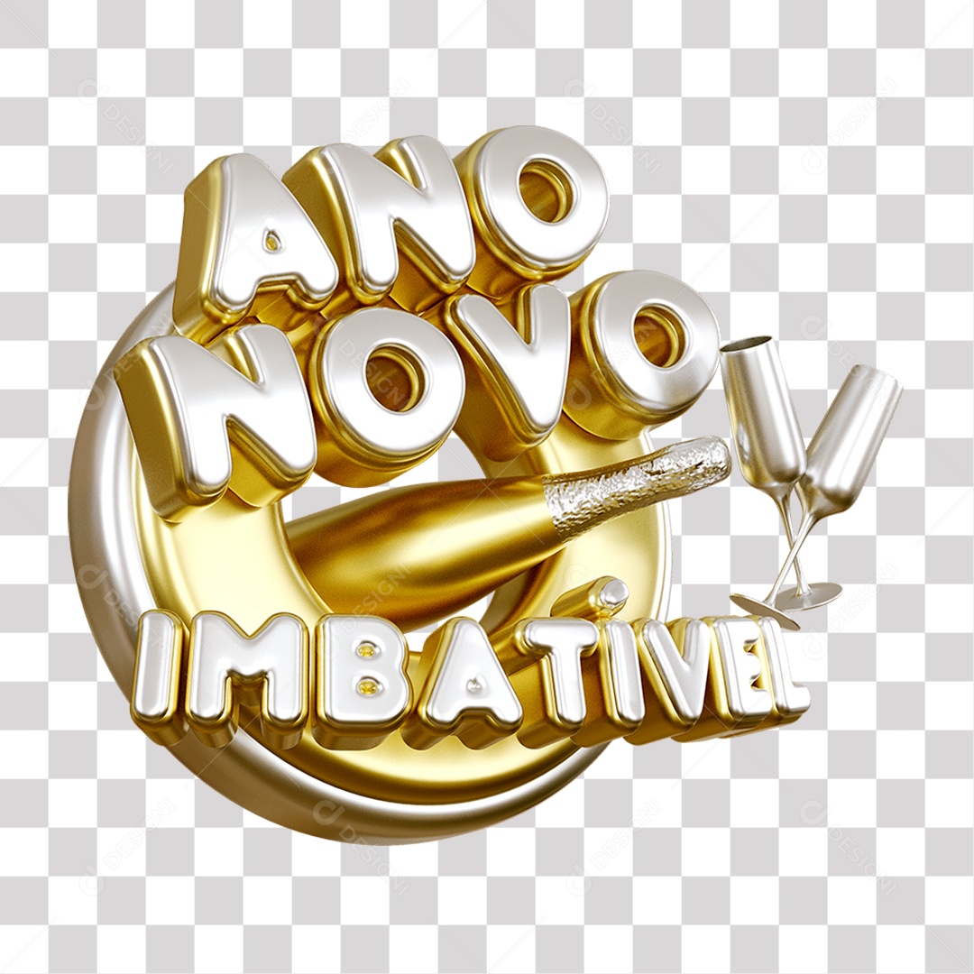 Selo 3D Ano Novo Imbatível Cinza e Dourado para Composição PNG Transparente Sem Fundo