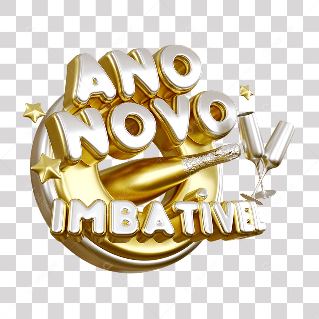Ano Novo Imbatível Selo 3D Cinza e Dourado para Composição PNG Transparente Sem Fundo