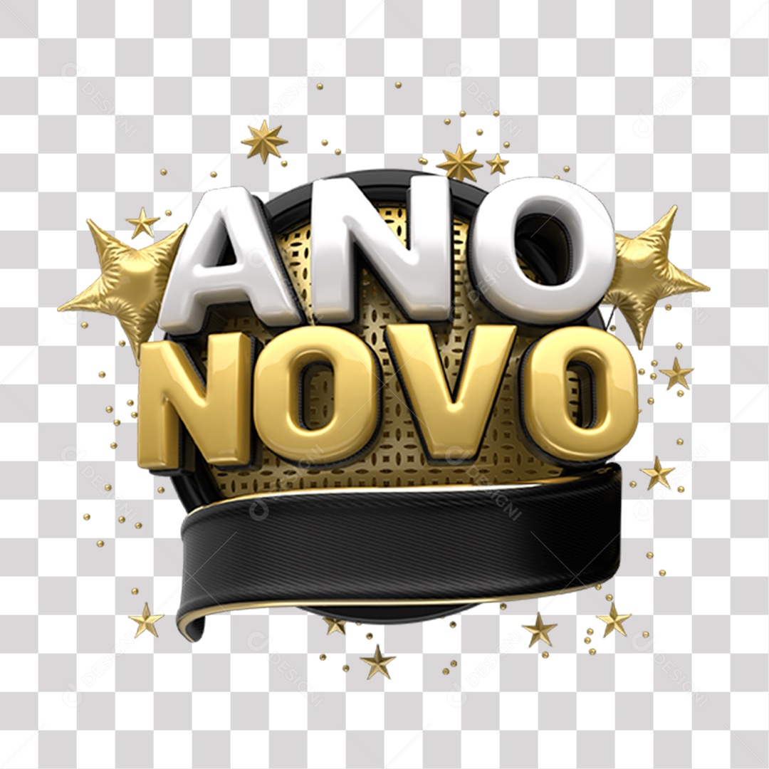 Ano Novo Selo 3D Branco Amarelo e Preto para Composição PNG Transparente Sem Fundo