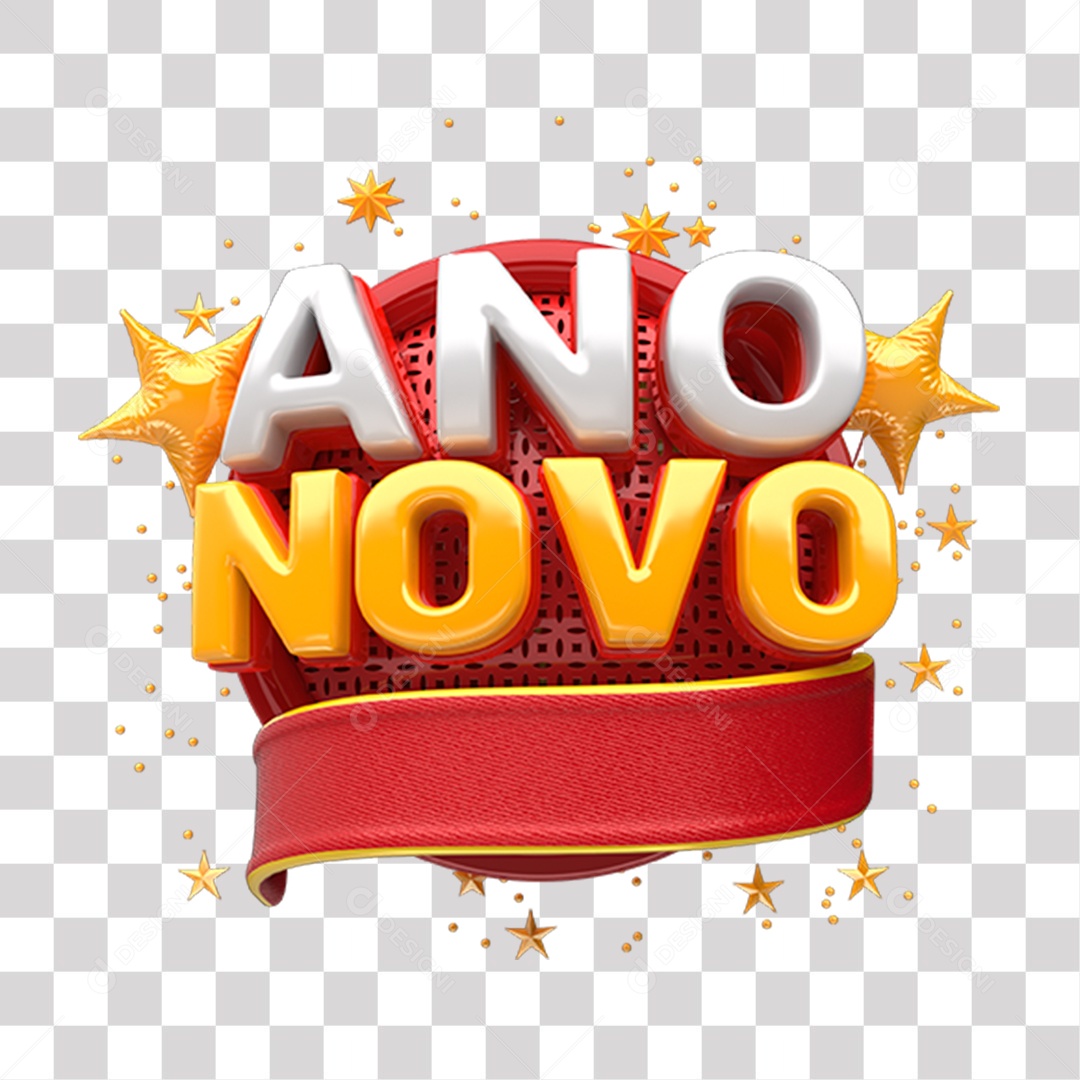 Ano Novo Selo 3D Branco Amarelo e Vermelho para Composição PNG Transparente Sem Fundo