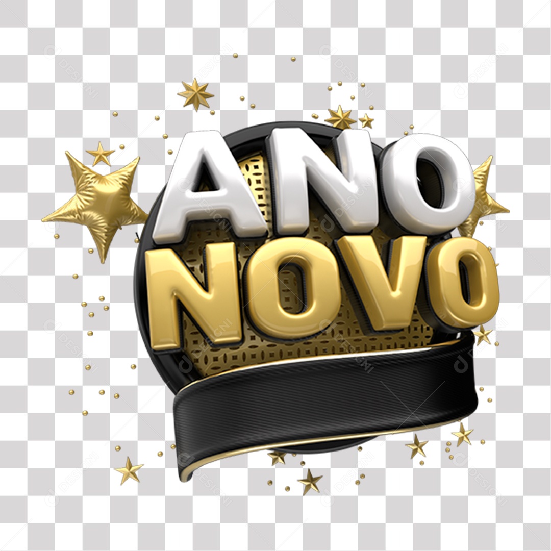 Ano Novo Selo 3D Branco Amarelo e Preto para Composição PNG Transparente Sem Fundo