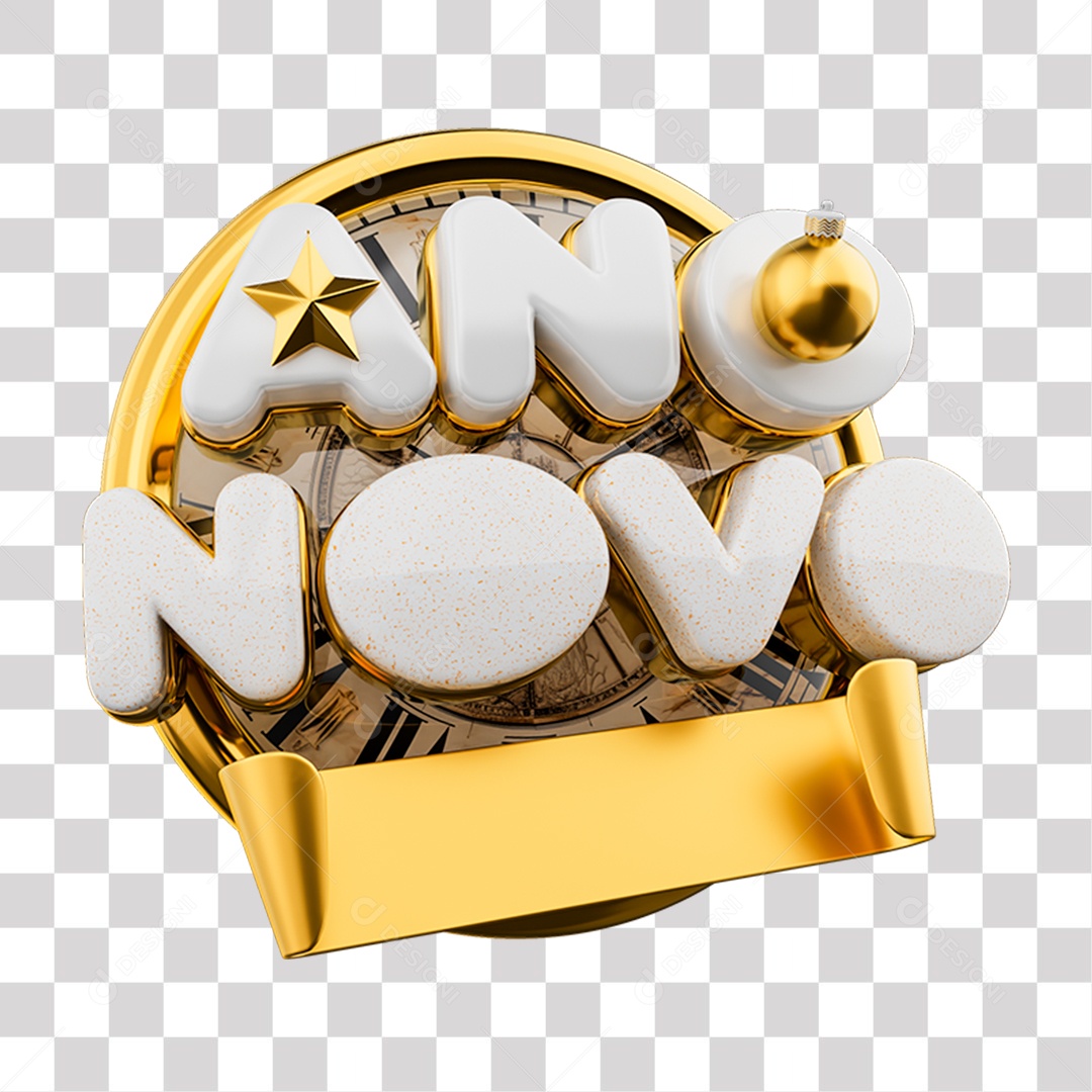 Selo 3D Ano Novo Branco e Amarelo para Composição PNG Transparente Sem Fundo