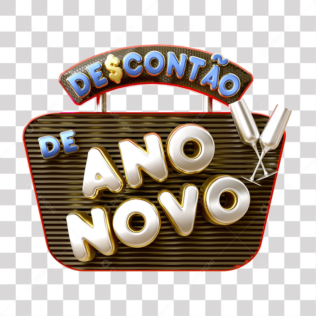 Descontão De Ano Novo Selo 3D Azul e Cinza para Composição PNG Transparente Sem Fundo