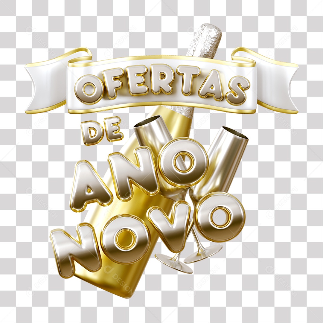 Ofertas De Ano Novo Selo 3D Dourado e Branco para Composição PNG Transparente Sem Fundo