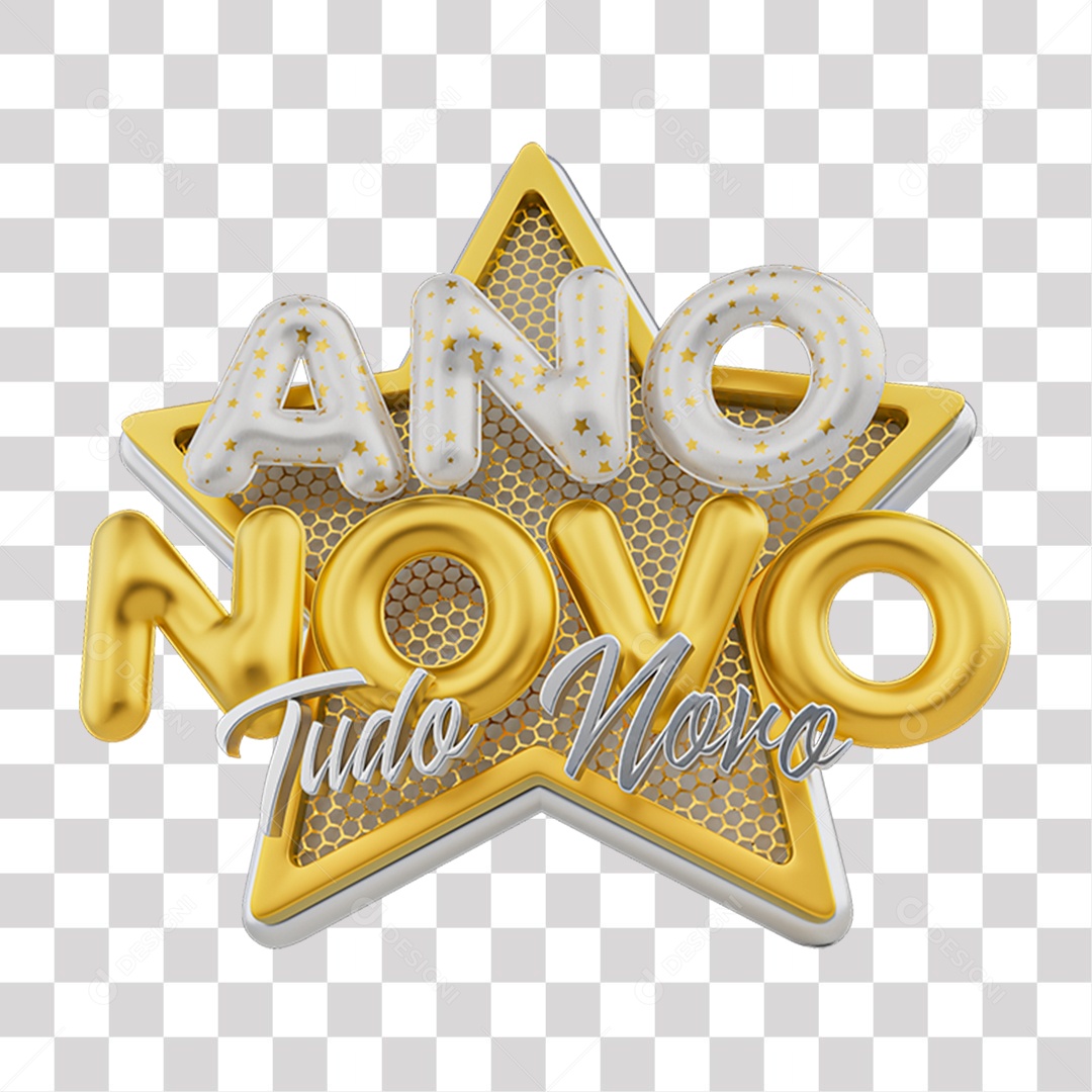 Ano Novo Tudo Novo Selo 3D Amarelo e Branco para Composição PNG Transparente Sem Fundo