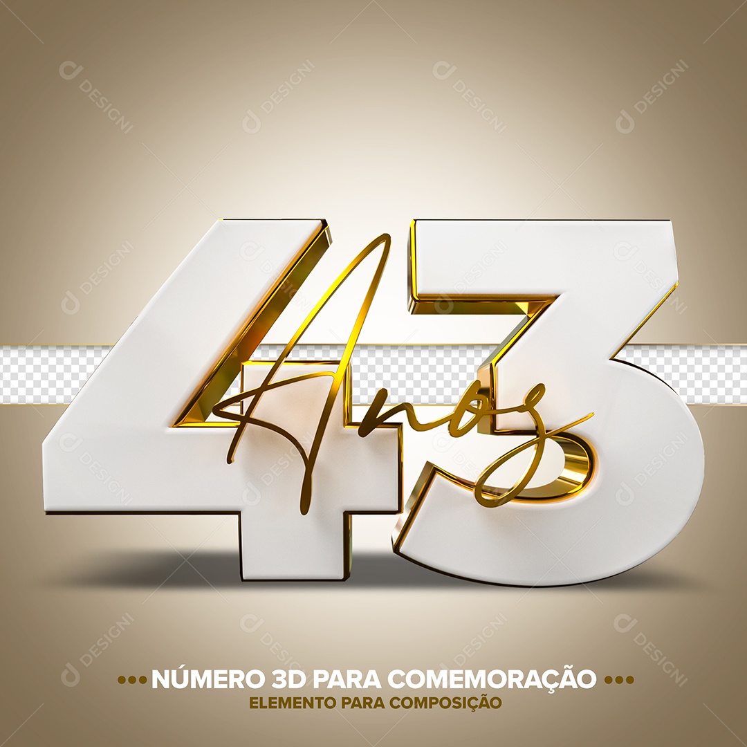 43 Anos Elemento 3D Branco Dourado para Composição PSD