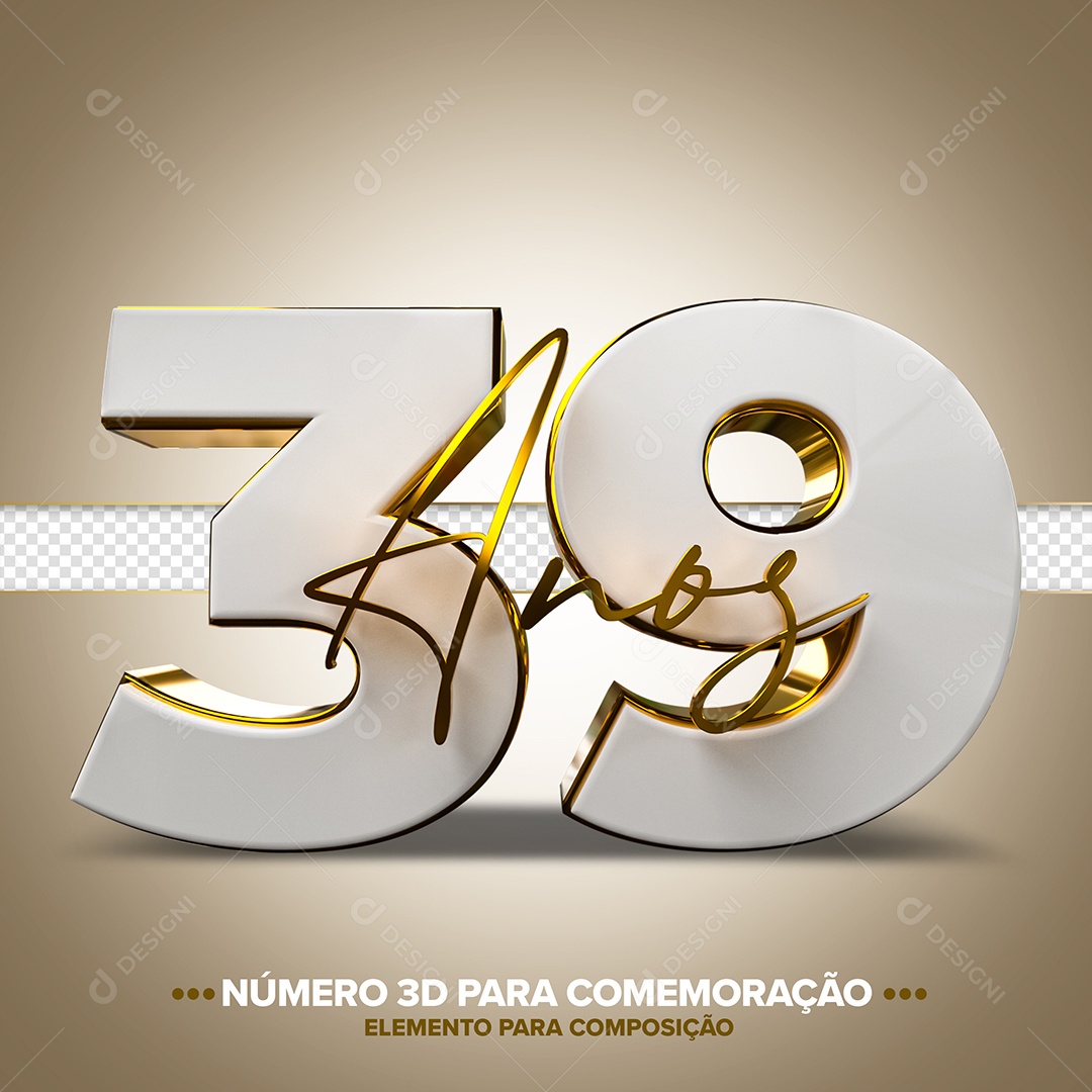 39 Anos Elemento 3D Branco Dourado para Composição PSD