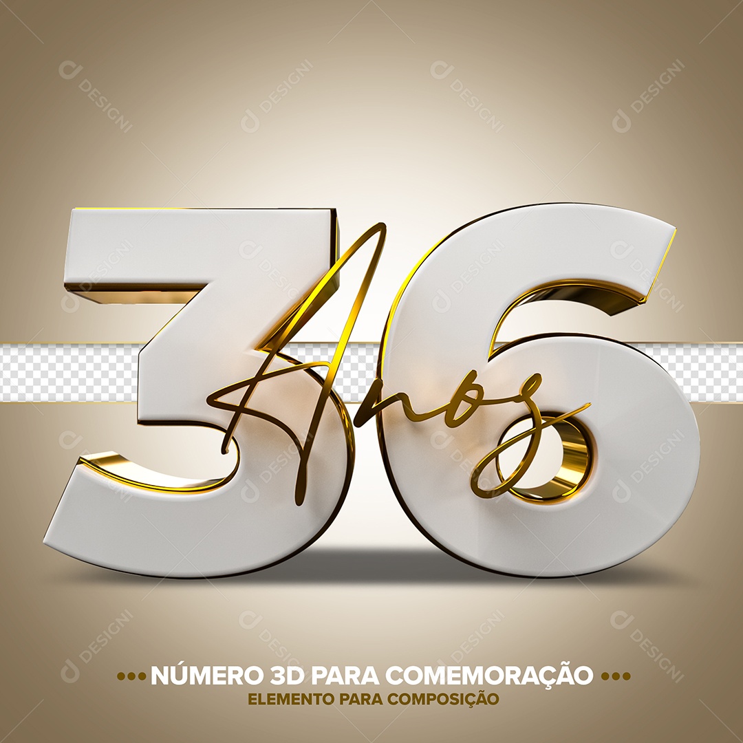 36 Anos Elemento 3D Branco Dourado para Composição PSD