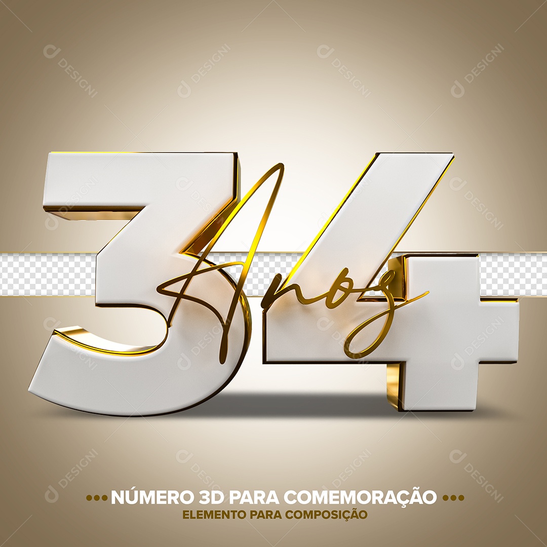 34 Anos Elemento 3D Branco Dourado para Composição PSD