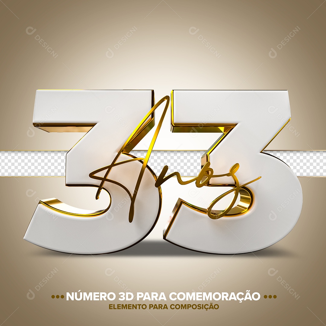 33 Anos Elemento 3D Branco Dourado para Composição PSD