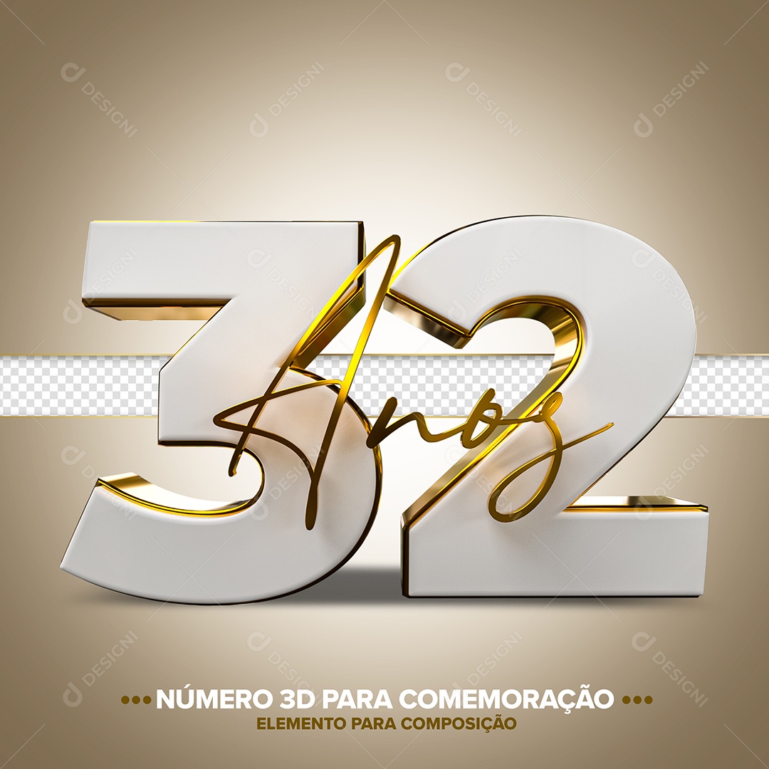 32 Anos Branco Dourado Elemento 3D para Composição PSD