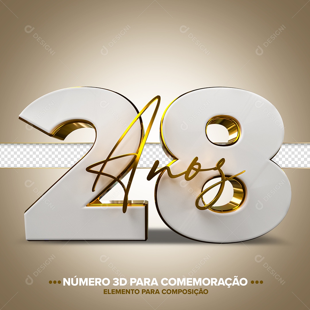 28 Anos Elemento 3D Branco para Composição PSD