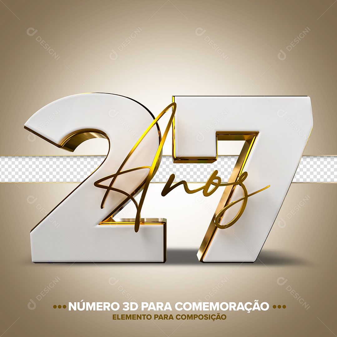 27 Anos Branco Dourado Elemento 3D para Composição PSD