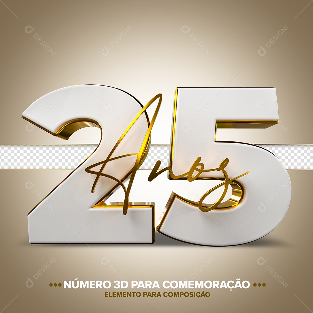 25 Anos Branco Dourado Elemento 3D para Composição PSD