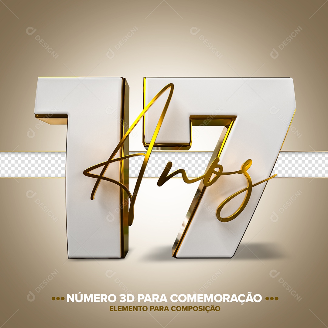 17 Anos Elemento 3D Branco Dourado para Composição PSD
