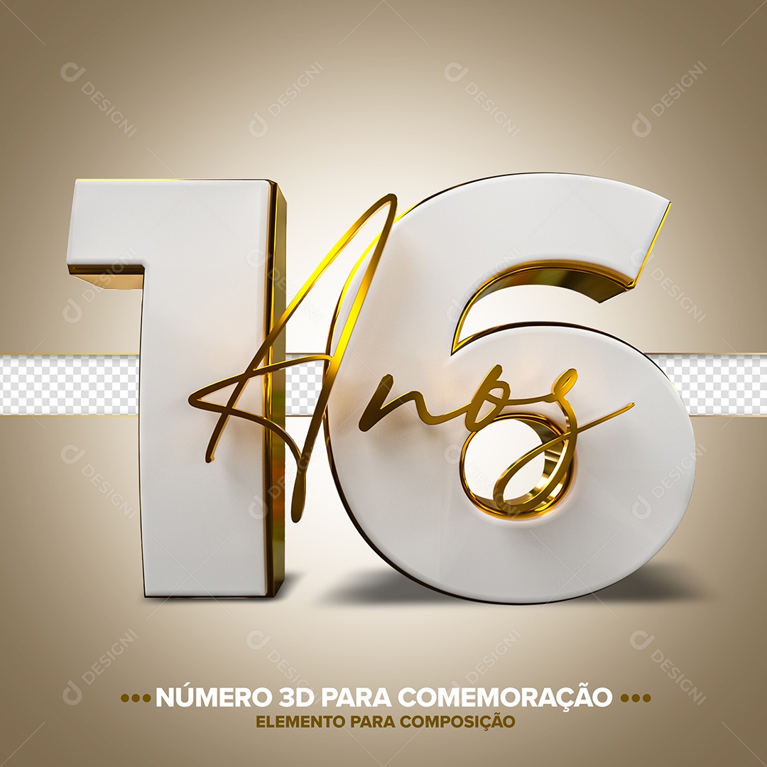 16 Anos Elemento 3D Branco para Composição PSD