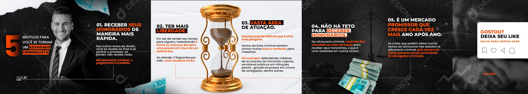 Social Media Carrossel 5 Motivos Para Se Tornar Um Advogado Criminalista PSD Editável
