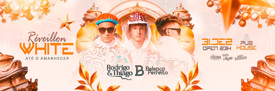 Carrossel Flyer Réveillon White Até o Amanhecer Rodrigo & Thiago Balanço Perfeito Social Media PSD Editável