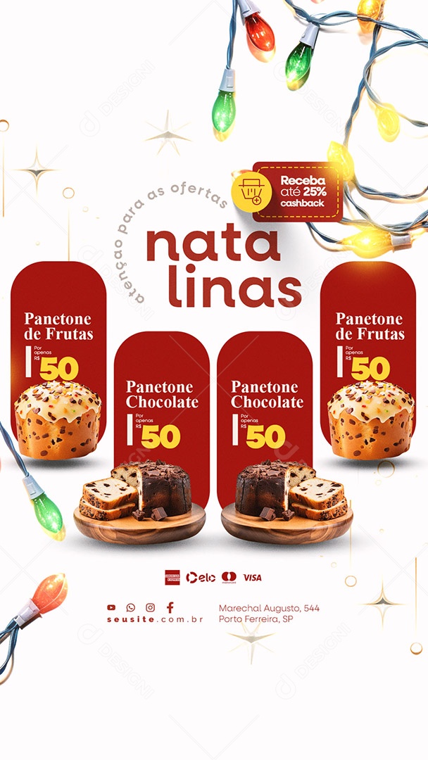 Story Social Media Feliz Natal Supermercado Panetone de Frutas Receba Até 25% Cashback PSD Editável