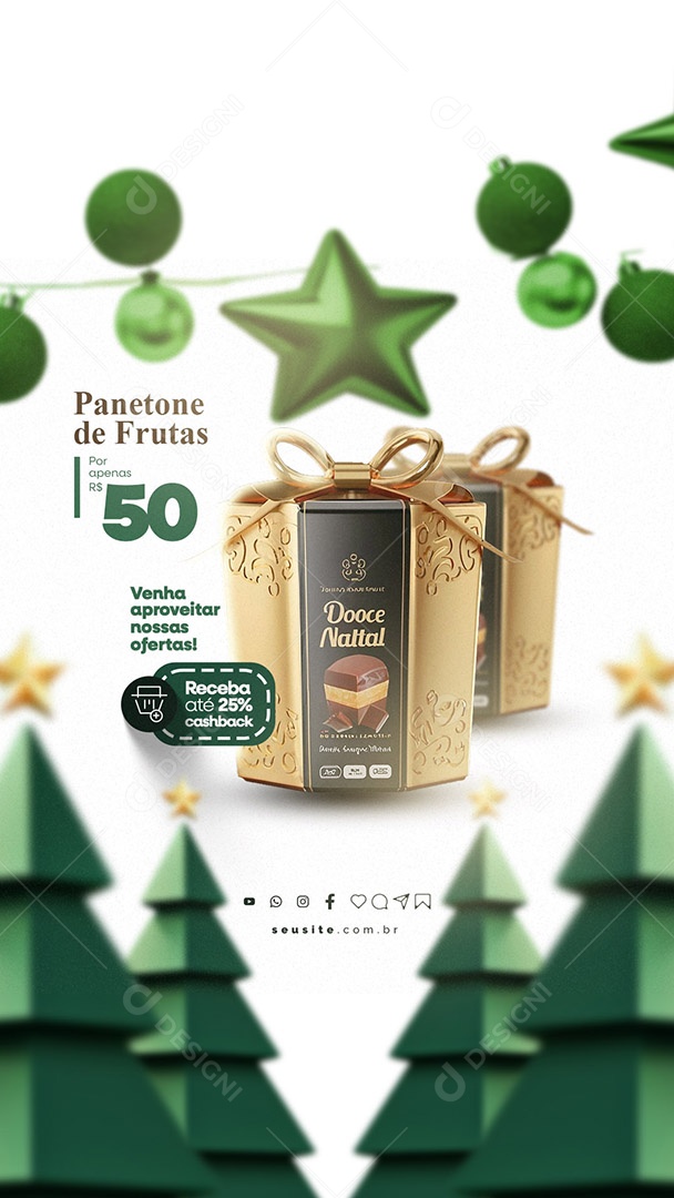 Story Feliz Natal Supermercado Panetone de Frutas Receba Até 25% Cashback Social Media PSD Editável